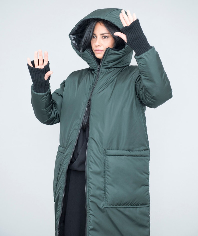 Long puffer coat, hood, dark blue color. Oversized fit, two way zipper, for daily activities, excellent gift for her, casual wear image 9