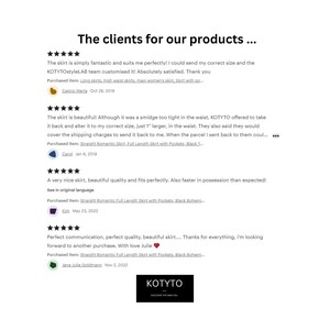 May include: Five-star reviews for a skirt with pockets. The reviews highlight the skirt's quality, fit, and customer service. The skirt is described as "simply fantastic" and "beautiful". The customer service is praised for offering to alter the skirt to the correct size. The reviews include the names and dates of the customers.