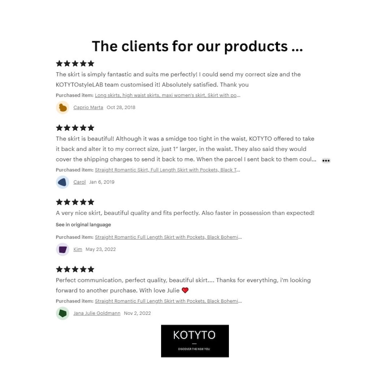 May include: Five-star reviews for a skirt with pockets. The reviews highlight the skirt's quality, fit, and customer service. The skirt is described as "simply fantastic" and "beautiful". The customer service is praised for offering to alter the skirt to the correct size. The reviews include the names and dates of the customers.