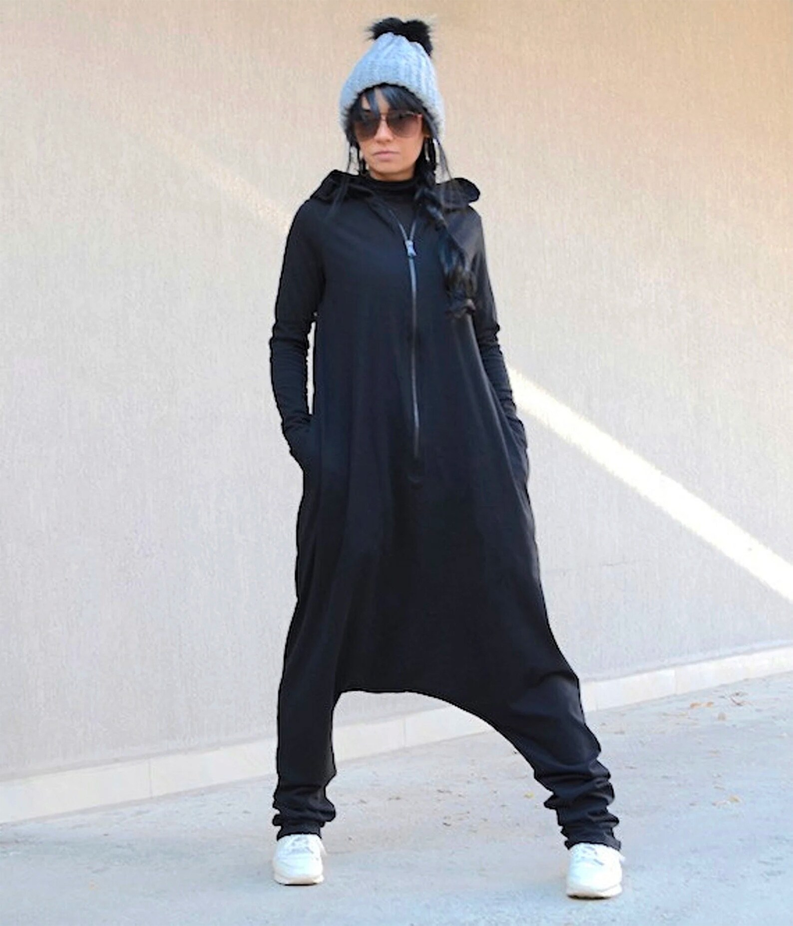 Black Cotton Harem Jumpsuit With Hood Long Sleeves Overall Etsy UK