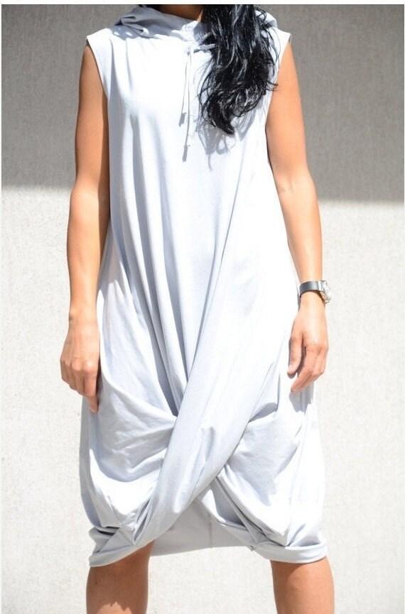 Hooded Ivory Maxi Dress Draped Cotton Knee Length Dress | Etsy