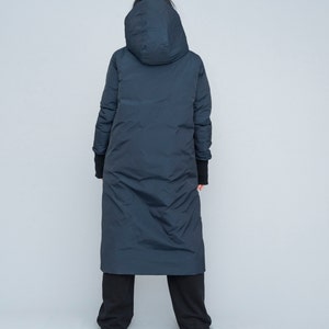 Long puffer coat, hood, dark blue color. Oversized fit, two way zipper, for daily activities, excellent gift for her, casual wear image 7