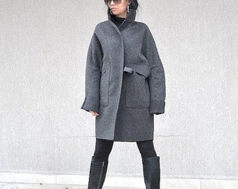 Grey Wool Coat with Belt and Pockets, Oversized High Collar Cyberpunk Coat