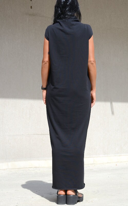 Bodycon High Neck Black Dress Pencil Floor Length Pocket Dress