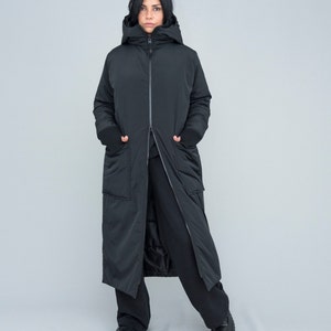Long puffer coat, hood, dark blue color. Oversized fit, two way zipper, for daily activities, excellent gift for her, casual wear image 10