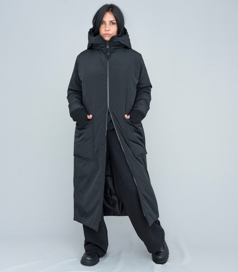 Long puffer coat, hood, dark blue color. Oversized fit, two way zipper, for daily activities, excellent gift for her, casual wear image 10