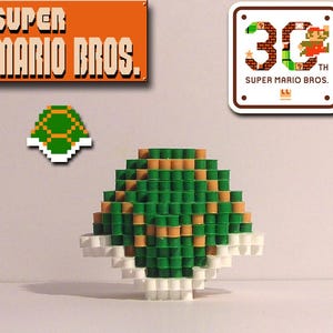 May include: A pixelated green and tan turtle shell, a Super Mario Bros. logo, and a 30th-anniversary logo. The shell is made of small, cylindrical pieces. The logos are in orange and white.
