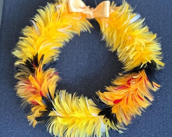 Ilima and Red Lei Hulu Kamoe, Maui Feather Lei, Handmade Custom