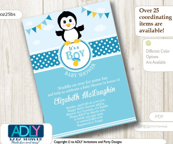Baby Penguin Invitation In Blue White With Polka Dot Design Etsy