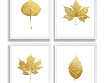 Four Faux Gold Foil Prints Leaf Art Prints Elegant Decor Living Room Art Modern Wall Art Maple Leaf Sycamore Elm Aspen Leaves Gold Print