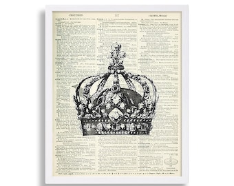 Royal Crown Print Royalty Decor Living Room Art Print Jewels Art Dictionary Page Print Vintage Look Antique Book 16x20 XL Gift for Princess