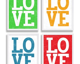 Four Love Art Prints Colorful Wall Art Living Room Decor Modern Artwork All You Need Love Red Green Blue Orange Valentines Day Gift for Her