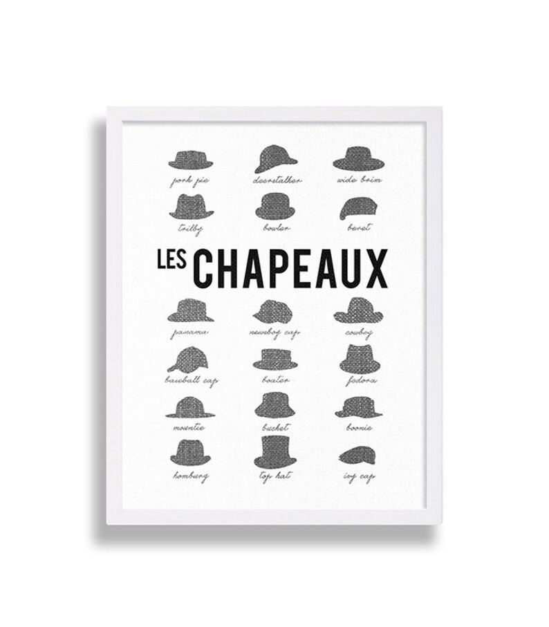 May include: A black and white illustration of 15 different types of hats, including a fedora, cowboy hat, bowler hat, and baseball cap. The text "LES CHAPEAUX" is written in bold, black letters at the top of the image.