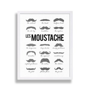 May include: A black and white illustration of different types of mustaches with their names written below each one. The title of the illustration is "LES MOUSTACHE".