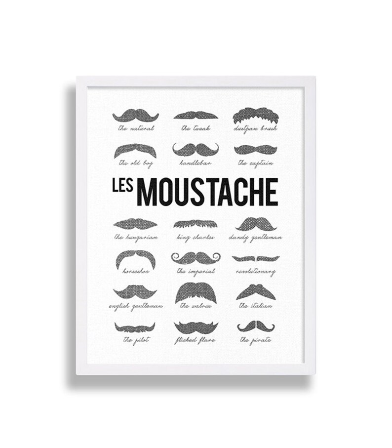 May include: A black and white illustration of different types of mustaches with their names written below each one. The title of the illustration is "LES MOUSTACHE".