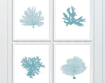 Four Coral Prints Blue Wall Art Living Room Decor Beach Cottage Decor Coastal Art Martha's Vineyard Art Blue Coral Art Prints Modern Art