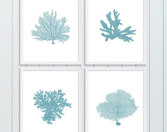 Four Coral Prints Blue Wall Art Living Room Decor Beach Etsy