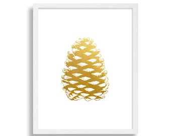 Gold Print Pine Cone Print Faux Gold Foil Wall Art Home Decor Minimalist Art Cottage Chic Pinecone Art Print White and Gold House Staging