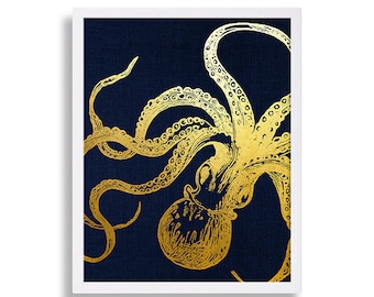 Octopus Art Print Faux Gold Foil Print Navy Blue Art Canvas Art Look Gold Octopus Print Vintage Decor Hipster Wall Art Cool Print