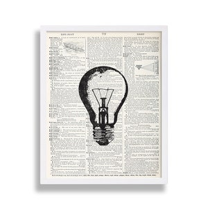 May include: A black and white illustration of a light bulb superimposed over a vintage dictionary page. The page features the definition of the word "light" from an old dictionary.