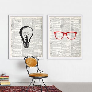 Dictionary Prints Set of Two Prints Large Art College Posters Hipster Art Glasses Print Light Bulb Print Loft Art Art Studio Decor Cool Art