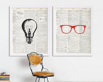 Dictionary Prints Set of Two Prints Large Art College Posters Hipster Art Glasses Print Light Bulb Print Loft Art Art Studio Decor Cool Art