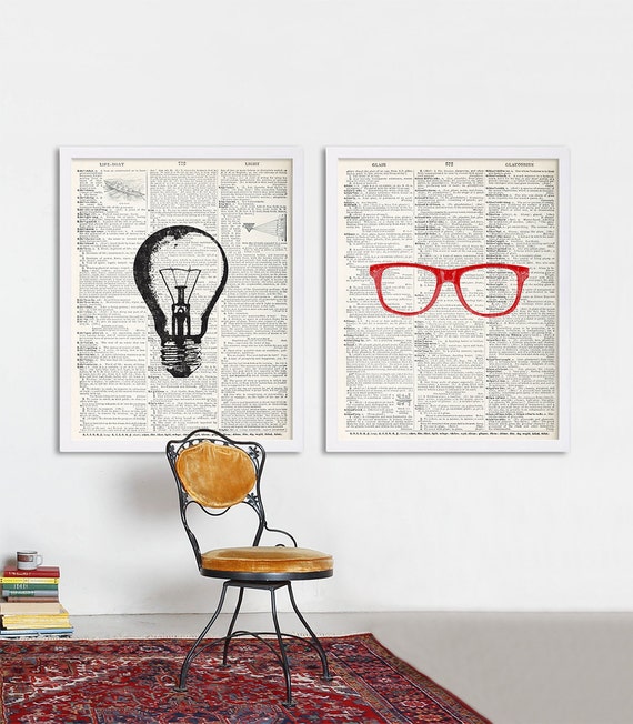 Dictionary Prints Set of Two Prints Large Art College Posters Hipster Art Glasses Print Light Bulb Print Loft Art Art Studio Decor Cool Art