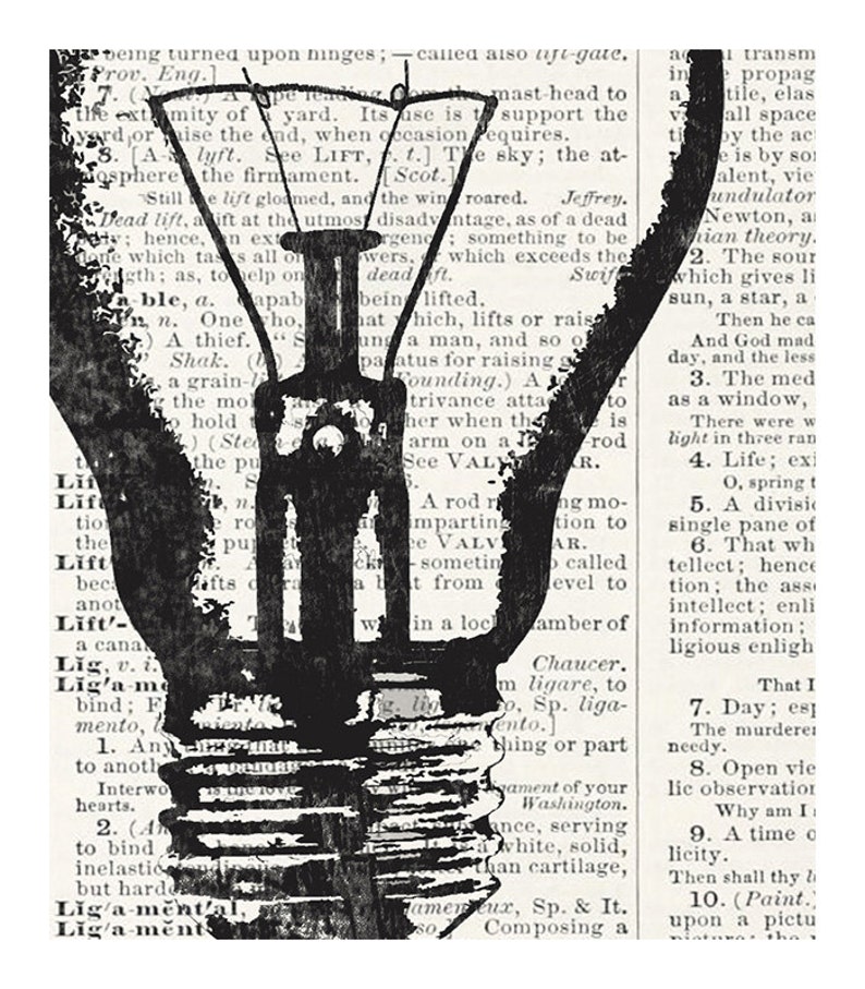 May include: A black and white image of a light bulb superimposed on a page of text from a vintage book. The text is about the word "lift" and its various meanings. The light bulb is a symbol of knowledge and enlightenment.