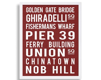 Red San Francisco Art Print Bus Stop Print Travel Art Golden Gate Bridge Pier 39 Chinatown Nob Hill Modern Art Wall Hanging Bachelor Pad Art