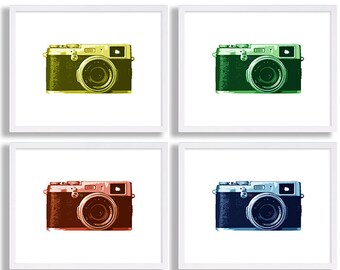 Four Camera Art Prints Pop Art Decor Modern Design Minimalist Art Red Green Blue Yellow Print Set Warhol Inspired Hipster Vintage Poster