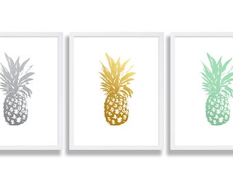 Three Pineapple Prints Faux Gold Foil Art Print Teal Silver and Gold Pineapple Modern Art Minimalist Wall Art Interior Design Apt Decor