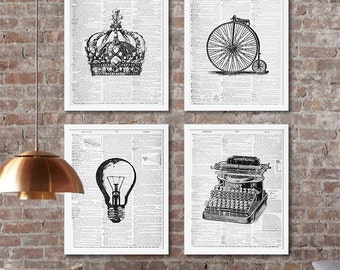 Four Dictionary Page Art Prints Vintage Decor Rustic Art Dictionary Prints Crown Print Living Room Decor Bike Art Old Typewriter Lightbulb