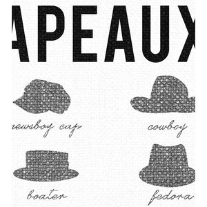 May include: A black and white illustration of four different types of hats: a cowboy hat, a fedora, a boater hat, and a newsboy cap. The word "PEAUX" is written in large black letters above the hats.