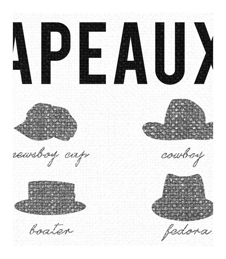 May include: A black and white illustration of four different types of hats: a cowboy hat, a fedora, a boater hat, and a newsboy cap. The word "PEAUX" is written in large black letters above the hats.