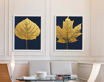 Two Gold Leaf Art Prints Beautiful Art Living Room Decor Gold Foil Art Gold Prints Maple Leaf Print Aspen Rich Decor Navy Blue and Gold Art