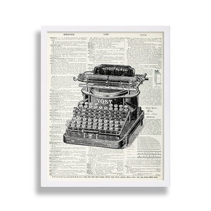 May include: A black and white illustration of a vintage typewriter with the brand name "Yost" printed on the front. The typewriter is on a page of a dictionary with the word "Type" printed at the top of the page.