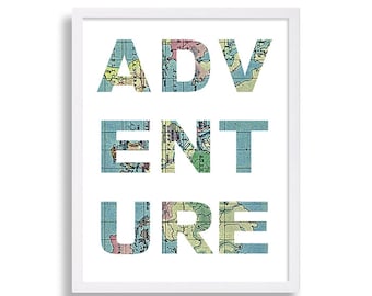 Adventure Map Print Typography Wall Decor Living Room Art Modern Wall Art Antique Map Adventure Print Gift Travel Art Blue Print Modern Art