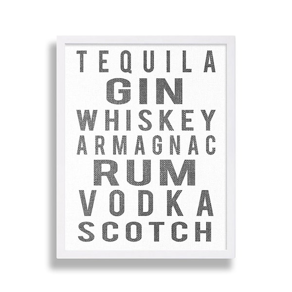 Bar Sign Alcohol Art Liquor Art Print Gin Poster Grey Decor Interior Design Gift for Him Bar Art Subway Art Bus Scroll White and Grey Canvas