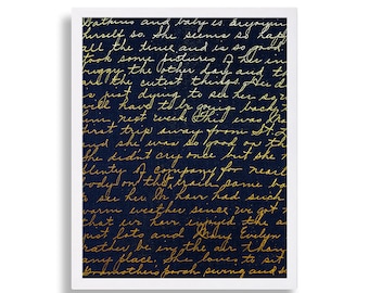 Random Love Letter in Gold Foil Print Typography Art Hand Written Letter Navy Blue and Gold Print for Her Bedroom Decor Modern Art Unique