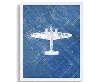 Airplane Print on Blueprint Paper Industrial Art Modern Artwork White & Blue Art Print Home Decor Living Room Art Hipster Design Big Poster