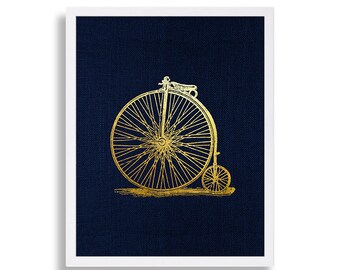 Antique Bicycle Print Navy Blue and Gold Art Print Faux Gold Foil Decor Gold Prints Navy Canvas Look Library Decor Gift for Fathers Day