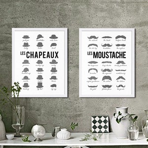 May include: Two framed prints with black and white illustrations of different types of hats and mustaches. The top print is titled "LES CHAPEAUX" and the bottom print is titled "LES MOUSTACHE".