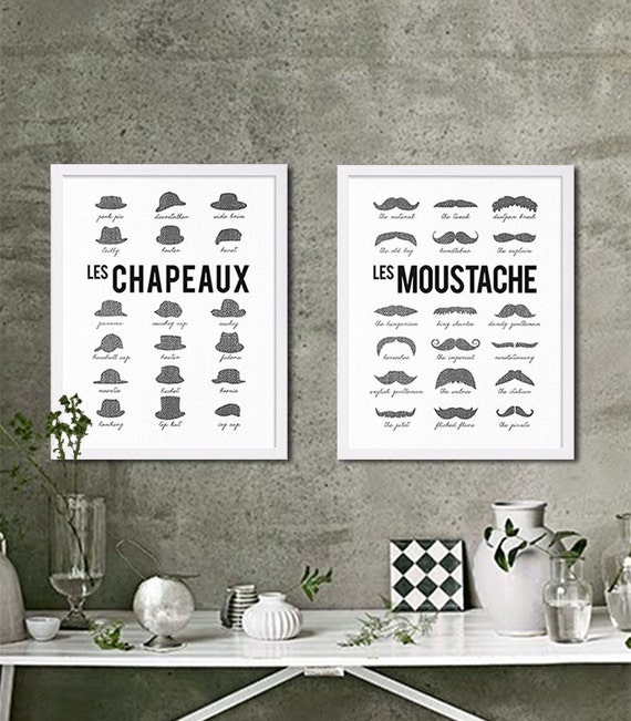 Two Modern Art Prints Pop Art Hipster Prints Home Decor Hats Mustache Print Interior Design Cool Posters Birthday Gift for Him Industrial