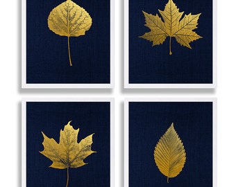 Gold Foil Prints Leaf Art Prints Elegant Decor Living Room Art Navy Modern Art Maple Leaf Sycamore Elm Aspen Leaves Gold Print Library Decor