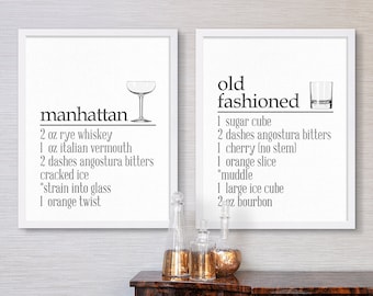 Drink Recipe Prints Cocktail Art Prints Call me Old Fashioned Bar Decor Living Room Decor Manhattan Prints Drinks Two Prints Large Art