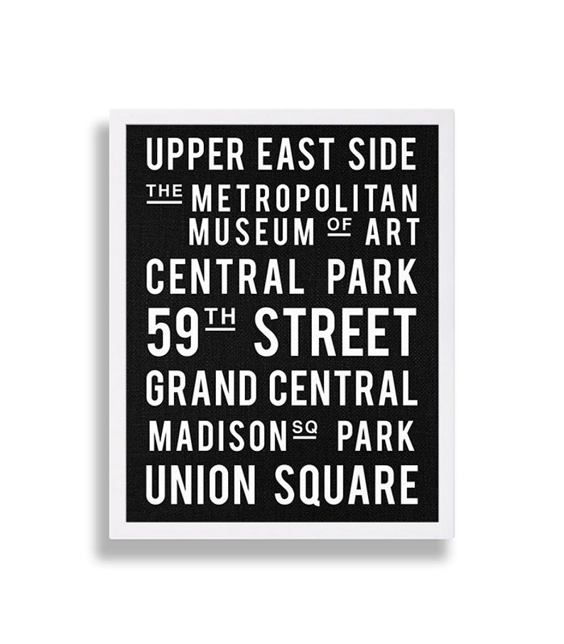 May include: Black and white graphic print with the text "UPPER EAST SIDE", "THE METROPOLITAN MUSEUM OF ART", "CENTRAL PARK", "59TH STREET", "GRAND CENTRAL", "MADISON SQ PARK", and "UNION SQUARE".