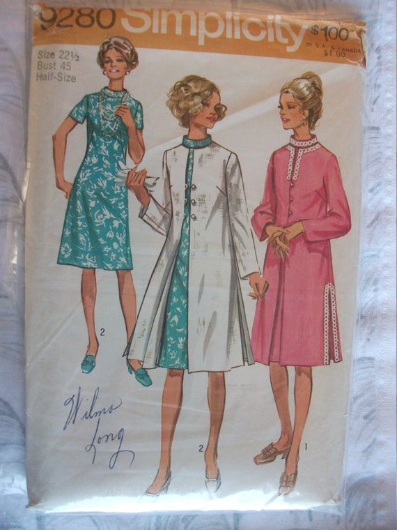 Misses Vintage 1970s Mod Dress Coat Jacket Sewing Pattern CUT COMPLETE Simplicity S9280 Half Size 22.5 Reenactment Costume Cosplay Etsy Canada
