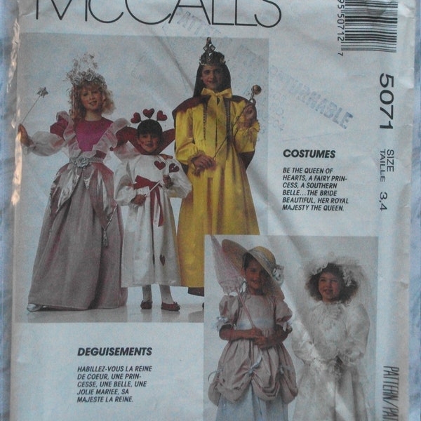 Girls Childrens Kids Vintage 1990s Queen Princess Belle Bride Dress Pattern CUT INCOMPLETE McCalls M5071 Sizes 3-4 Costume Cosplay