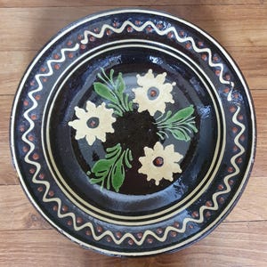 May include: A brown ceramic plate with a white and green floral design. The plate has a decorative border with brown and white dots.