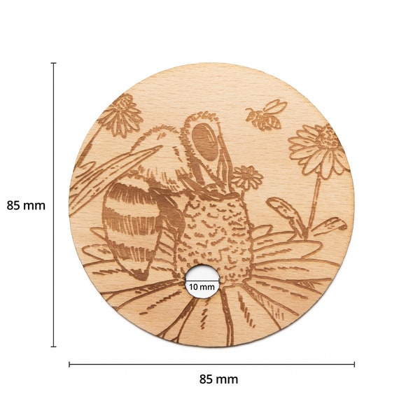 Coperchio in vetro con incavo per cannuccia in legno di faggio con motivi naturali incisi al laser - diametro 85 mm - 2 pezzi (made in Germany)